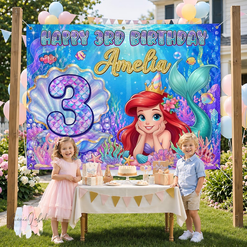 May include: A large rectangular vinyl backdrop featuring a blue underwater scene with the text HAPPY 3RD BIRTHDAY and the name Amelia in gold script. A large number 3 inside a seashell and a red-haired mermaid illustration are printed on it.