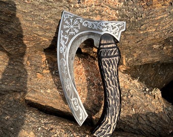 Hand Forged Viking Axe Knife – Nordic Engraved Crescent Blade, Antler Handle