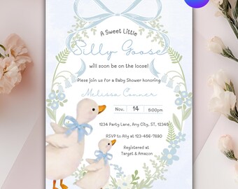 May include: A baby shower invitation with a watercolor design. The invitation features two white geese with blue bows, surrounded by floral elements. Text includes "A Sweet Little Silly Goose" and event details.