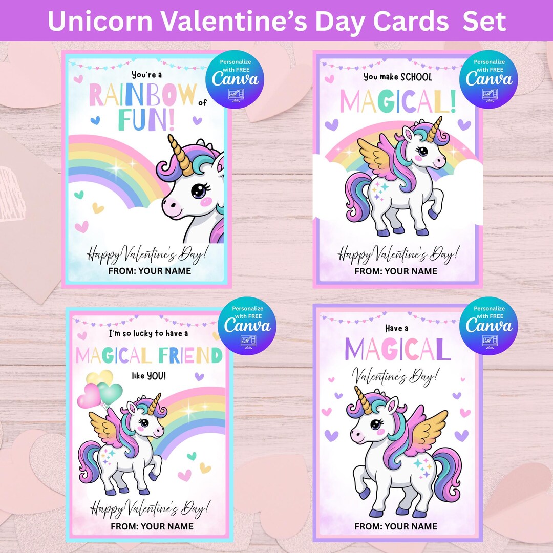 Unicorn Valentine’s Day Cards Set | Kids Classroom Valentines | 2.5x3.5 ...