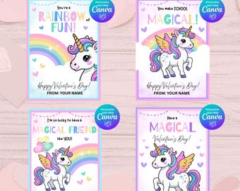 May include: A set of four Valentine's Day cards featuring unicorn illustrations. Each card has a different design with phrases like "Rainbow Fun" and "Magical Friend." The cards are in pastel colors with hearts and rainbows.