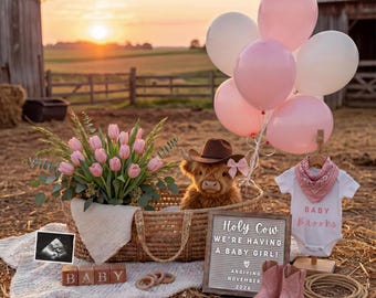 Holy Cow Pregnancy Announcement, Baby Girl Farm Theme Reveal, Western Cowgirl Baby Announcement, Rustic Country Gender Reveal Idea, Digital
