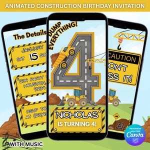 Peut inclure: Invitation d'anniversaire animée sur le thème de la construction, affichée sur trois smartphones. Le design présente un grand chiffre 4 fait de routes, de véhicules de construction et le texte "Nicholas a 4 ans !" Détails supplémentaires : informations sur la fête et le texte "Dump Everything!"