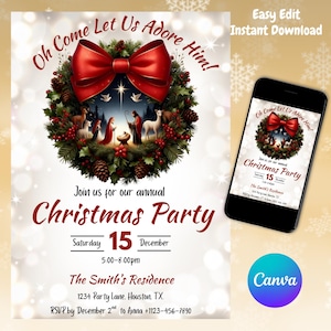 Puede incluir: Invitación a una fiesta de Navidad con un diseño festivo. La invitación presenta una corona con un lazo rojo, piñas y una escena de la Natividad. El texto incluye "Oh Come Let Us Adore Him!" y detalles de la fiesta. Un smartphone muestra el mismo diseño.