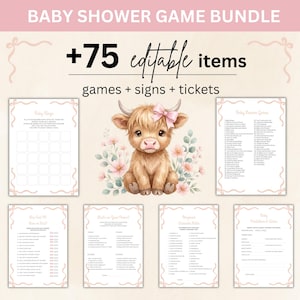 Girl Baby Shower Games Bundle | 75+ Editable Baby Shower Games, Signs & Tickets | Editable Canva Template