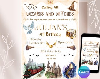 Wizard Birthday Invitation: Magical Theme, Editable Template (Digital & Printable)