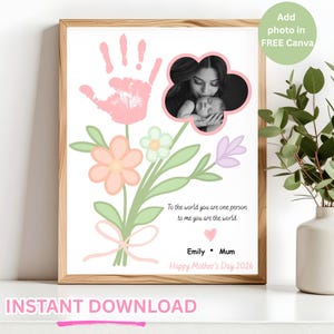 May include: A framed print featuring a handprint and a photo of a mother and child. The print includes a floral bouquet design with the text "To the world you are one person to me you are the world." The words "Happy Mother's Day 2026" are also included.