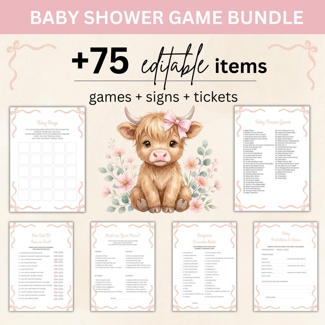 Cow Tickent R Highland Cow Baby Shower Games Bundle | 75+ Editable Baby Shower Games ...