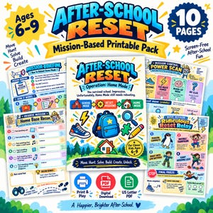 Może przedstawiać: 10-stronicowy zestaw aktywności do druku zatytułowany After-School Reset dla dzieci w wieku 6-9 lat. Zestaw zawiera arkusze z misjami oraz kolorowe ilustracje plecaka, butów sportowych i domu, zachęcające do ruchu, poszukiwań i kreatywnej zabawy.