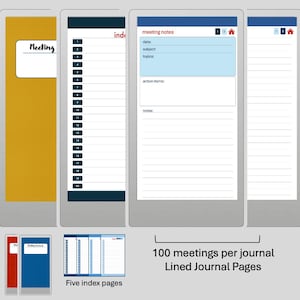 Puede incluir: Un diario digital con páginas rayadas para 100 reuniones. El diario incluye cinco páginas de índice y una plantilla de notas de reunión con campos para la fecha, el tema y los temas. La portada del diario es amarilla y el texto "Meeting" es visible.