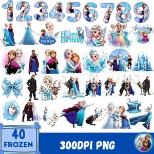 May include: A collection of Frozen-themed digital graphics. The images include characters like Elsa, Anna, and Olaf, along with numbers, a bow, and a castle. The text includes "Happy Birthday", "Frozen", and "40 Frozen". The background is white and blue.