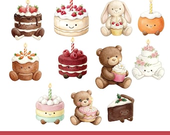 Clipartset knuffelcake – transparante png-bestanden voor stickers, scrapbooking, verjaardagsknutsels