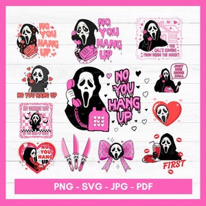 Peut inclure: Plusieurs graphiques roses et noirs avec le masque de Ghostface des films Scream. Les motifs incluent l'expression « No You Hang Up », des cœurs, un téléphone et des couteaux. Le bas de l'image contient le texte « PNG - SVG - JPG - PDF ».