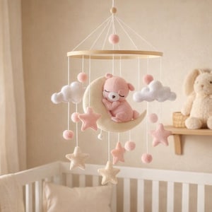 Personalised Nursery Mobile | Pink Bear Moon Mobile | Custom Name Baby Mobile | Baby Shower Gift | Nursery Keepsake | Personalised Option