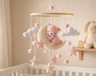 Giostrina personalizzata per la cameretta / Giostrina con orsetto rosa e luna / Giostrina con nome personalizzato per neonati / Regalo per baby shower / Ricordo per la cameretta