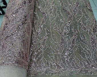 Salmon Rose Gold Beaded Lace Fabric, Pearl Sequin Tulle by the Yard