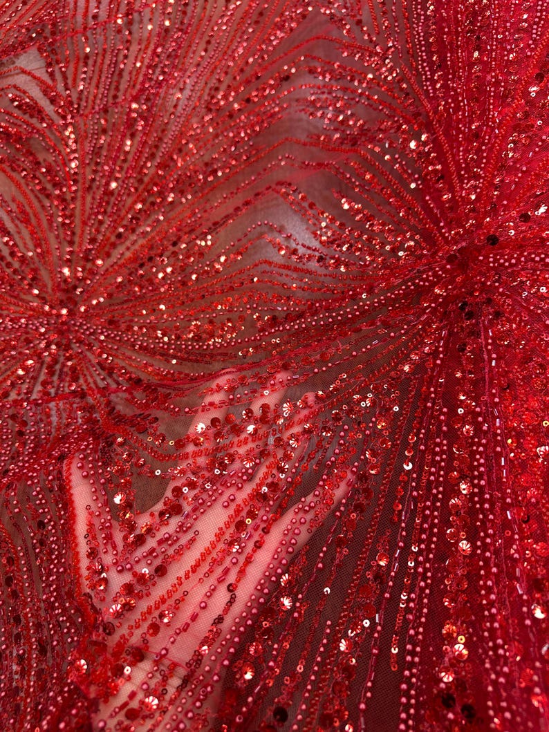 Red Sequin Pearl Lace Fabric, Sunburst Shell Motif Beaded Tulle - Etsy ...
