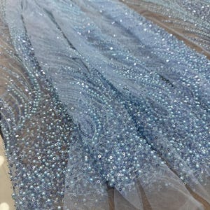 Blue Beaded Lace Fabric: Angel Wing Pattern for Gown, Prom