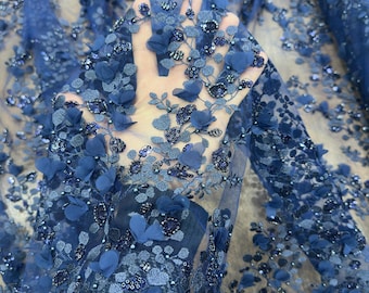 Navy Blue 3D Floral Lace Fabric, Beaded Tulle by the Yard