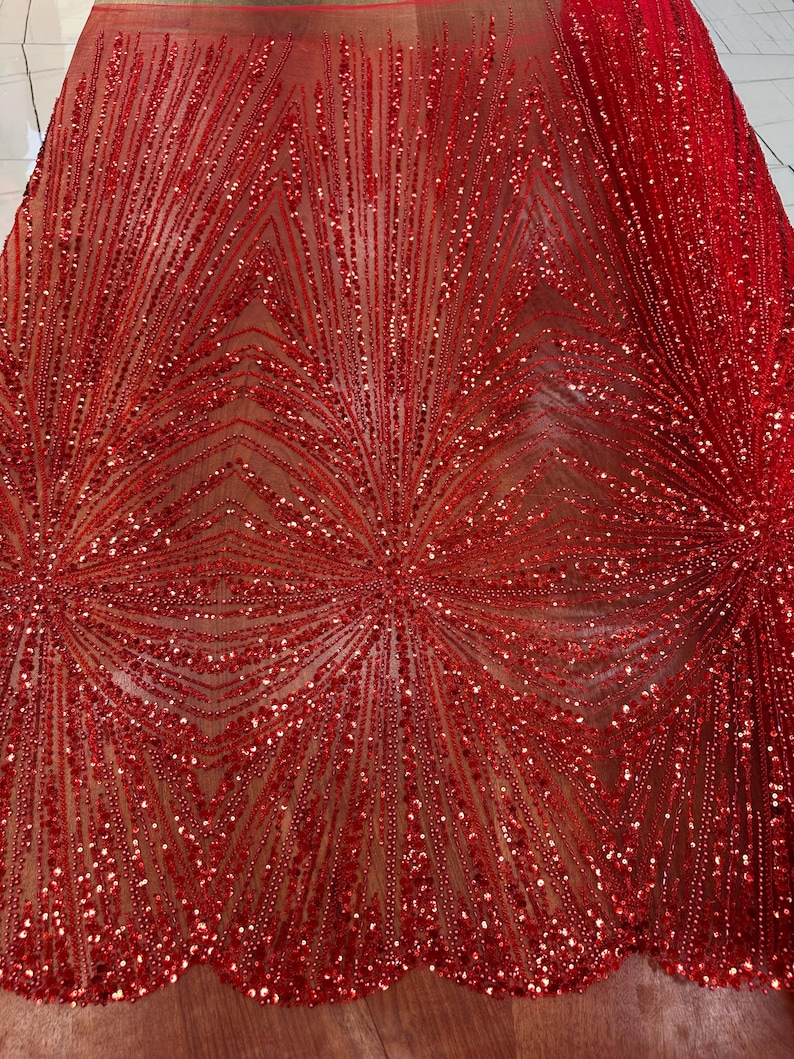 Red Sequin Pearl Lace Fabric, Sunburst Shell Motif Beaded Tulle - Etsy ...