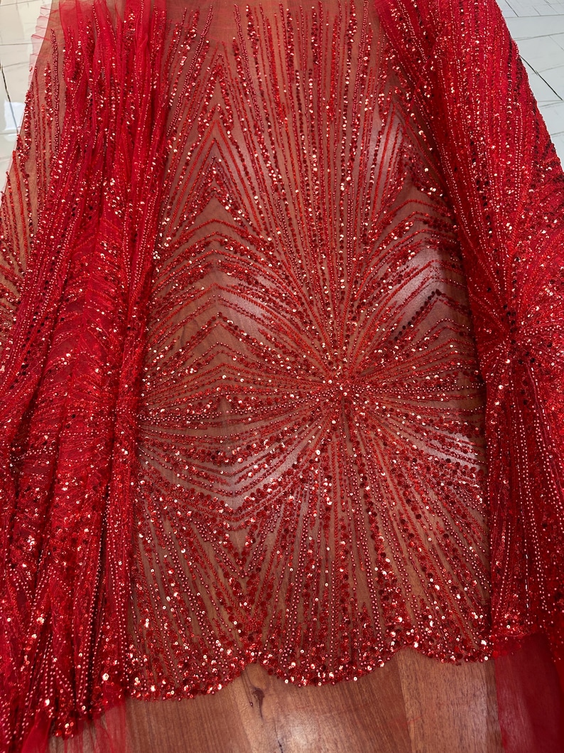 Red Sequin Pearl Lace Fabric, Sunburst Shell Motif Beaded Tulle - Etsy ...
