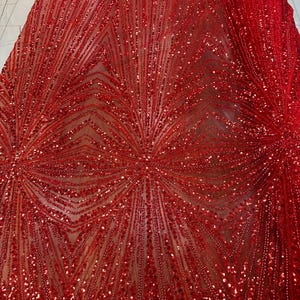 Puede incluir: Tela roja con cuentas y un patrón geométrico. La tela transparente tiene un borde festoneado. El diseño presenta líneas de cuentas que irradian desde puntos centrales, creando una superficie decorativa texturizada.