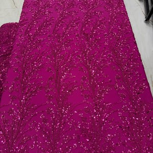 Fuchsia Beaded Branch Lace Fabric, Hot Pink Sequin Tulle by the Yard