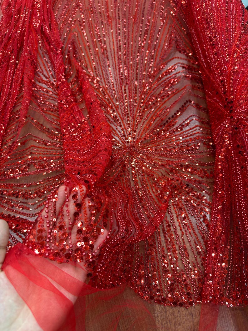 Red Sequin Pearl Lace Fabric, Sunburst Shell Motif Beaded Tulle - Etsy ...