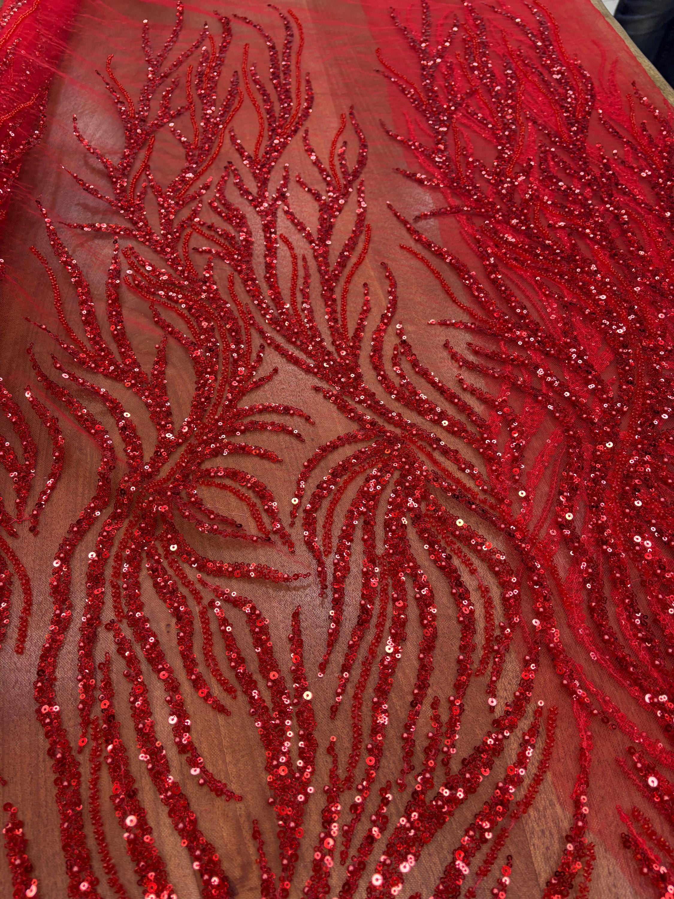Sequins Red Pattern Red Beaded Lace Fabric With Vertical Branch Patterns and Shiny Sequins ...