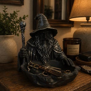 May include: A dark grey wizard ornament with a wide-brimmed hat and staff, holding a bowl filled with keys. The figurine is on a wooden surface, with a candle and lamp in the background. The wizard's beard is long and flowing.
