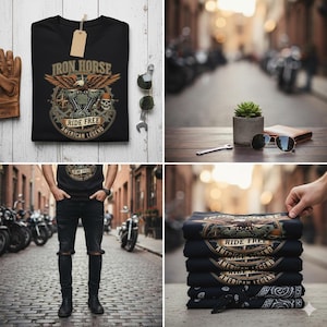 May include: Black t-shirt with a motorcycle-themed graphic featuring an eagle, engine, and the text "IRON HORSE RIDE FREE AMERICAN LEGEND." The shirt is displayed with accessories like sunglasses, a wrench, and a leather glove, suggesting a biker theme.