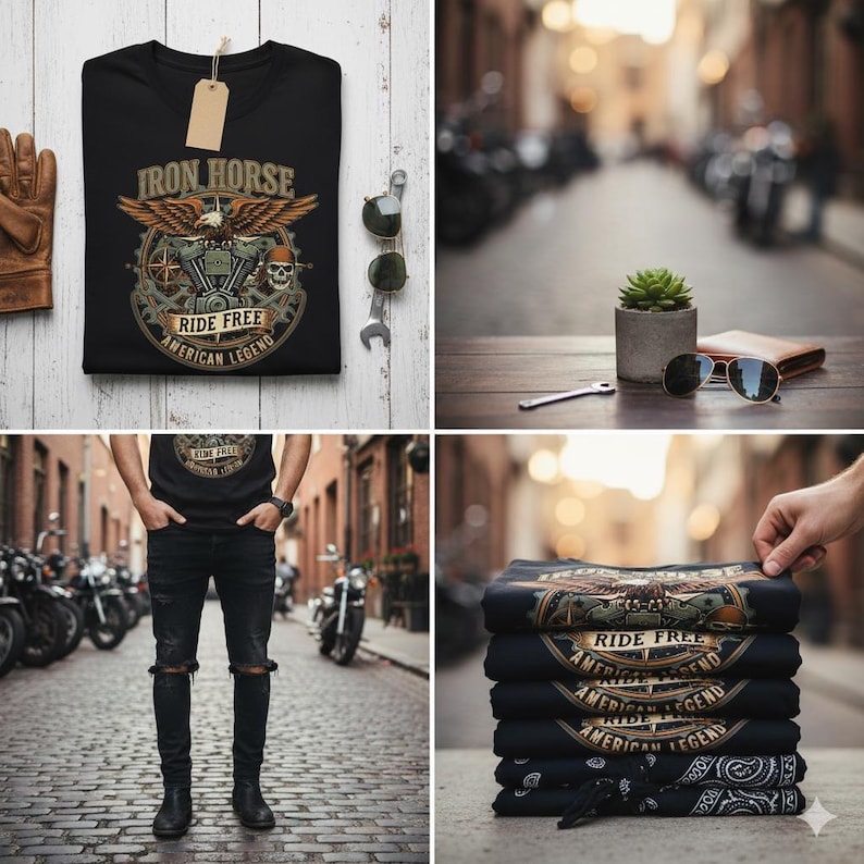 May include: Black t-shirt with a motorcycle-themed graphic featuring an eagle, engine, and the text "IRON HORSE RIDE FREE AMERICAN LEGEND." The shirt is displayed with accessories like sunglasses, a wrench, and a leather glove, suggesting a biker theme.