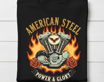 Koszulka z amerykańskim stalowym silnikiem motocyklowym, prezent dla motocyklisty vintage