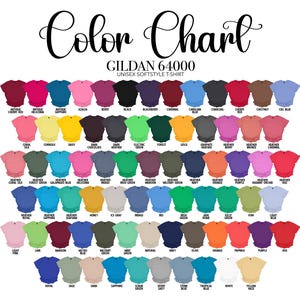 May include: Color chart of Gildan 64000 unisex softstyle t-shirts. The image displays a wide array of colors, including Antique Cherry Red, Azalea, Black, Charcoal, and White. Each color is represented by a t-shirt, with the color name printed below.