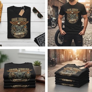 May include: Black t-shirts with a motorcycle-themed graphic. The design includes the words "Iron Horse" and "Ride Free" with an eagle, engine, and skull. The shirts are stacked and displayed on a table.