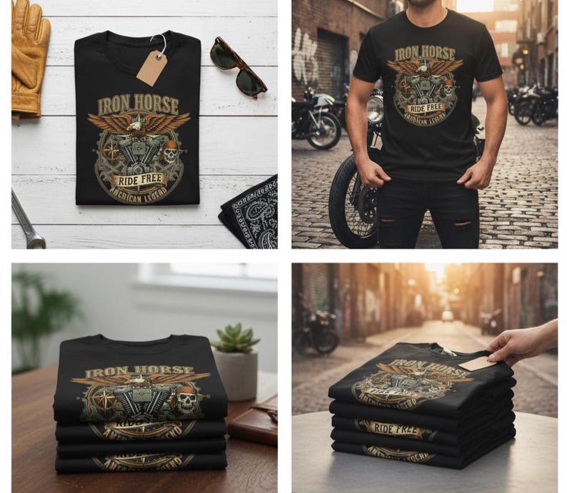 May include: Black t-shirts with a motorcycle-themed graphic. The design includes the words "Iron Horse" and "Ride Free" with an eagle, engine, and skull. The shirts are stacked and displayed on a table.