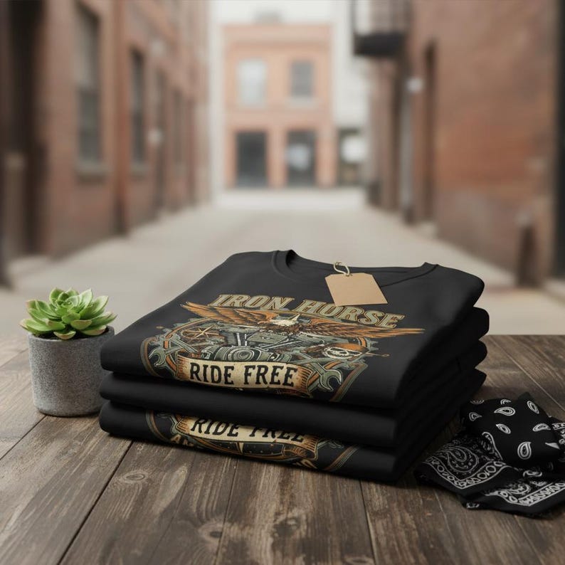 May include: A stack of black t-shirts with a motorcycle-themed graphic that reads "IRON HORSE RIDE FREE". The design features an eagle, engine parts, and a banner. A small succulent plant in a gray pot and a black bandana are also visible.