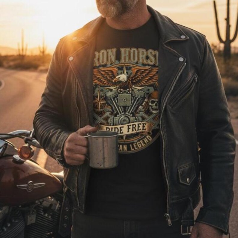 May include: A black t-shirt with a motorcycle-themed graphic featuring an eagle, engine, and the words "RON HORST", "RIDE FREE", and "AN LEGEND". The person is wearing a black leather jacket and holding a metal mug.