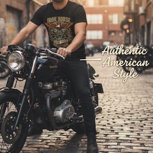 May include: Black t-shirt with "Iron Horse" graphic and a motorcycle. The image also includes a black motorcycle and the text "Authentic American Style."