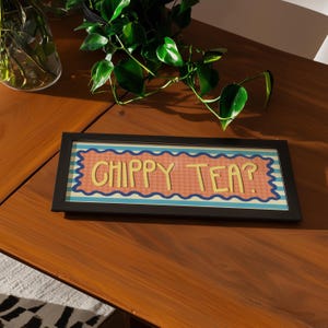 Chippy Tea Wall Print | Panoramic Kitchen Wall Art, Colourful Food Sign, Funny British Humour, UK Slang Decor, Fish And Chips Illustration