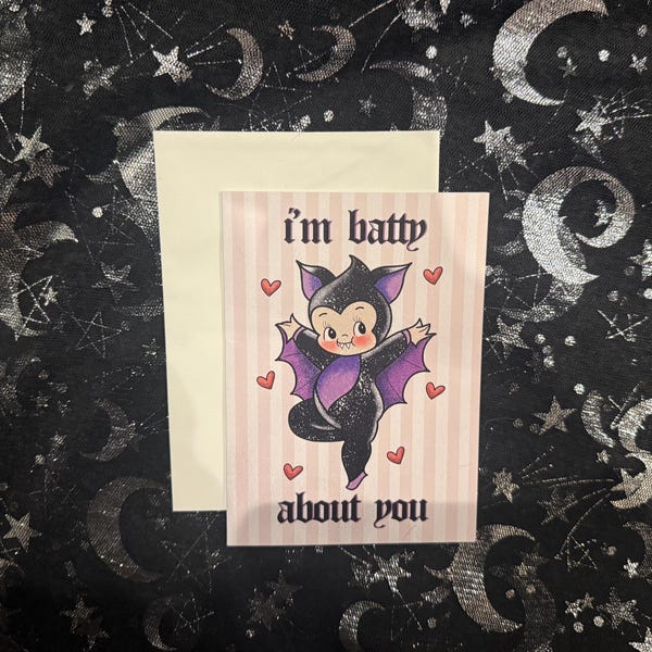 I’m Batty About You Greeting Card | A6 Greeting Card, Cute Valentines Card, Kewpie Illustration Card, Anniversary Cards, Romantic Gifts