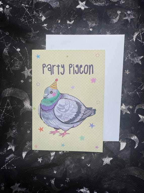 Party Pigeon Greeting Card | A6 Card, Kawaii Bird Card, Blank Inside Celebration Card, Funny Bird Illustration, Pigeon Art
