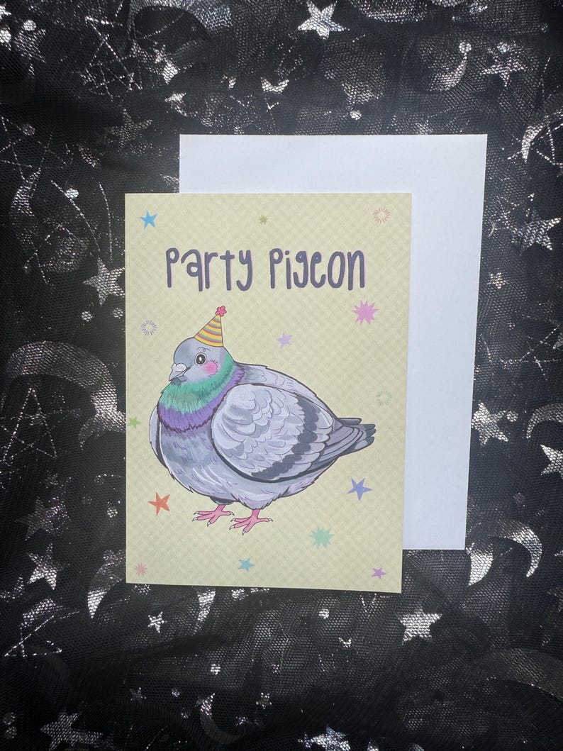 May include: A greeting card with a cartoon pigeon wearing a party hat. The card reads "Party Pigeon" in purple text. The pigeon is gray with a green and purple chest. Colorful stars decorate the background.
