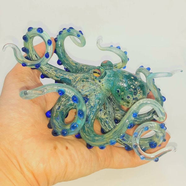 Blue Blown Glass Octopus Sculpture