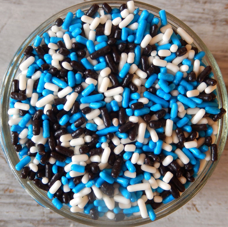 Sprinkles for your Cupcakes and Cake Pops Panthers tailgate party treats Blue Black and White Jimmies Mix 6 oz