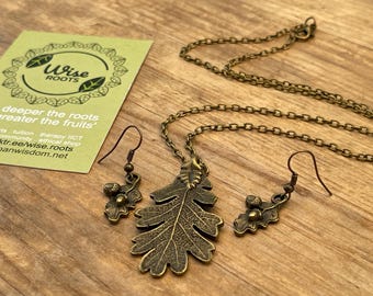 Conjunto de brincos com pingente de folha de carvalho e bolota - Bronze Boho ooak fada Dangle