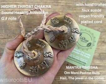 Címbalos Tibetanos Tingsha: Sinos de Meditação em Latão para o Chakra da Garganta com Cordão Vegano