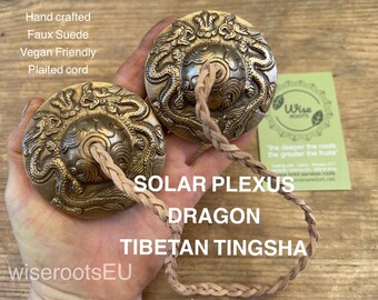 Címbalos tibetanos Tingsha de latão feitos à mão: corda vegana, chakra do plexo solar