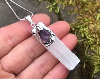 PINGENTE DE AMETISTA DE SELENITA - pedra preciosa bruta - uma pedra preciosa ética de grau Cordão vegano