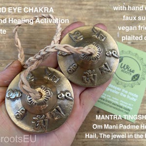 May include: Bronze Mantra Tingsha cymbals with the text "THIRD EYE CHAKRA" and "Sound Healing Activation". The cymbals are connected by a plaited faux suede cord. A green card with the "Wise Roots" logo is also visible.